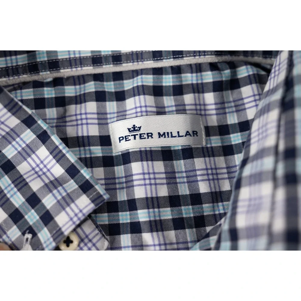 Peter Millar Button Down Mens XL Blue Plaid Excellent Stretch MF18W28NBL